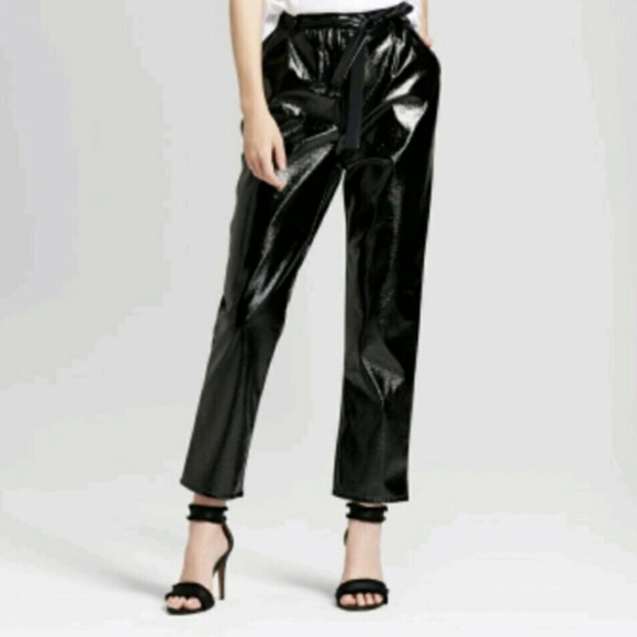 WHO WHAT WEAR Black High Tie Waist Textured Vinyl Straight Trouser Pants - 8 - Picture 3 of 16